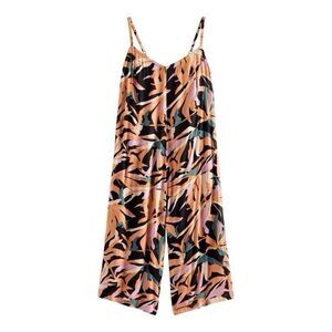 World Market Romper Jumper S M Abstract Palm Print Wide Leg Pockets Women's Boho